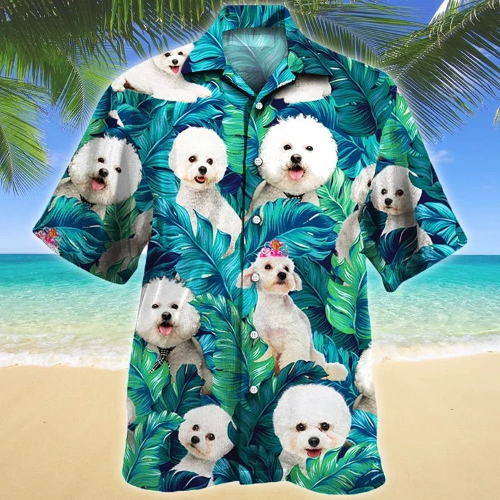 Bichon Frise Dog Tongue Out Tropical Leave Hawaiian Shirt