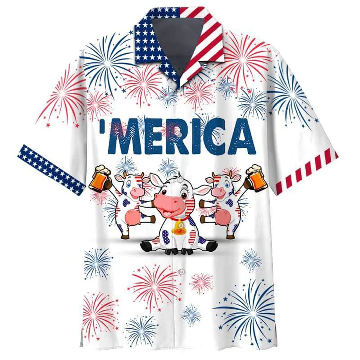 Cow And Beer 4Th Of July Hawaiian Shirt, Cow American Flag Hawaiian Shirts For Men, Women