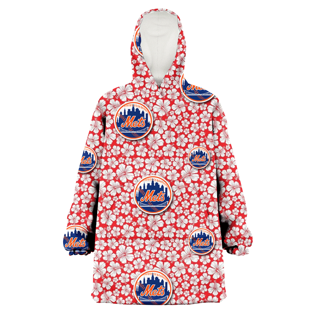 New York Mets Tiny White Hibiscus Pattern Red Background 3D Printed Hoodie Blanket Snug Hoodie