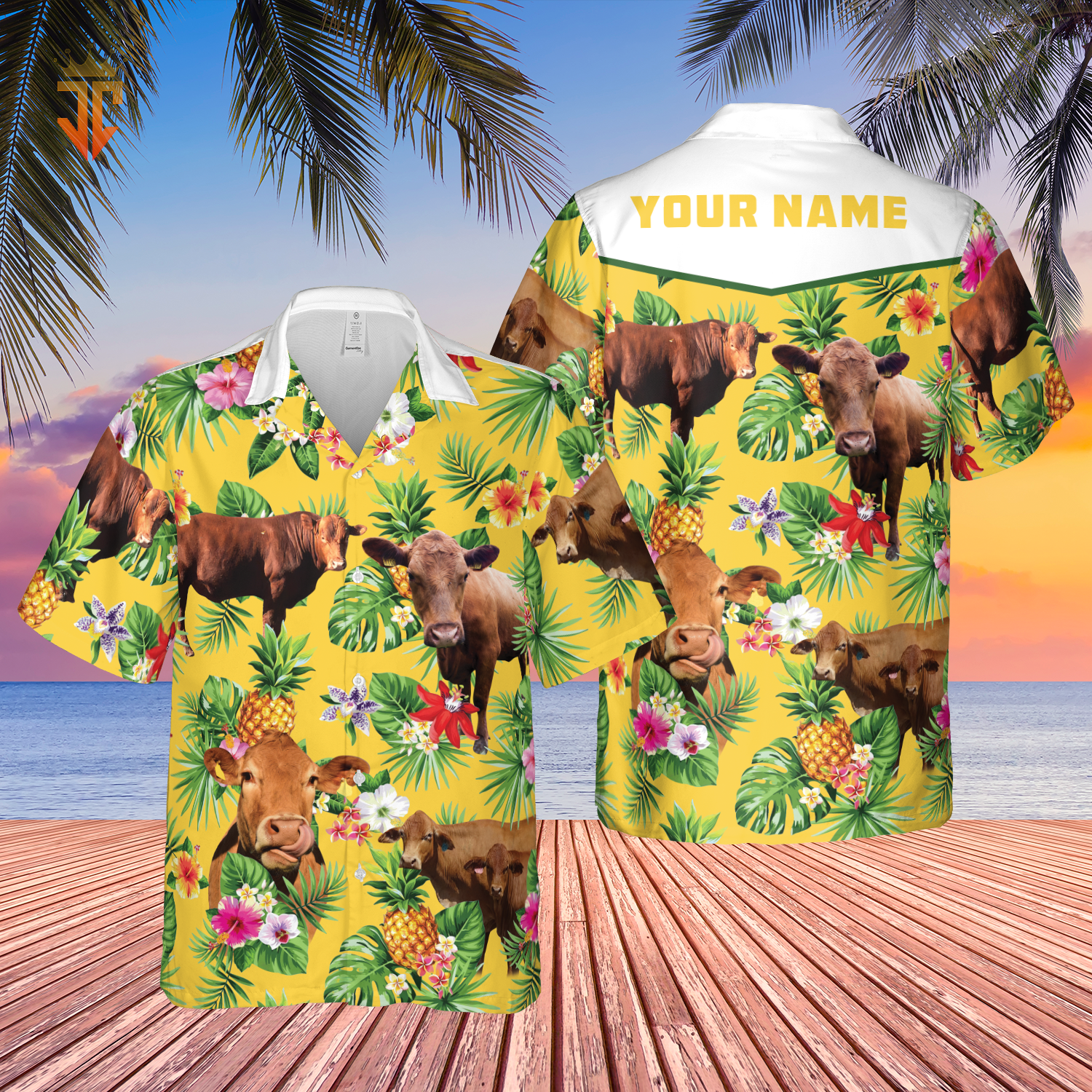 Personalized Name Red Angus Cattle Pineapples All Over Printed 3D Hawaiian Shirt