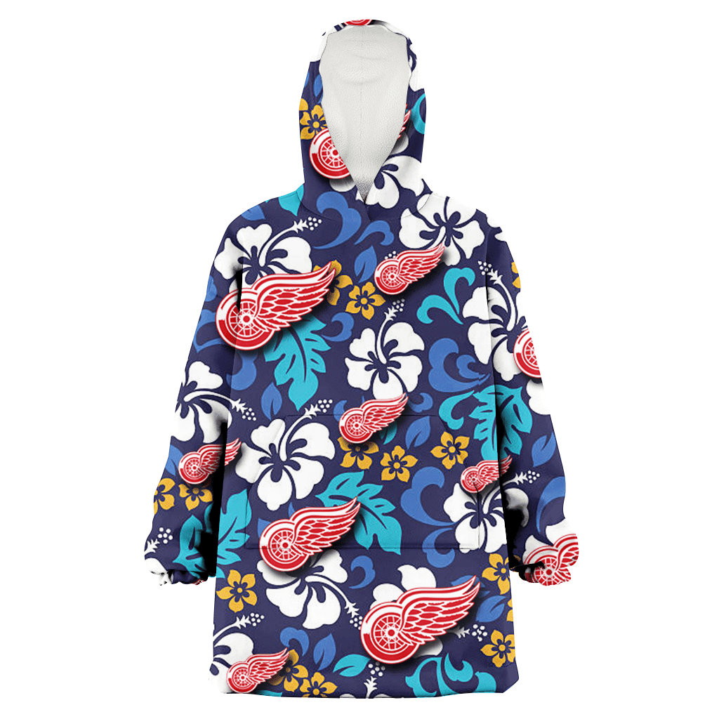Detroit Red Wings White Hibiscus Ceramic Style Navy Background 3D Printed Hoodie Blanket Snug Hoodie