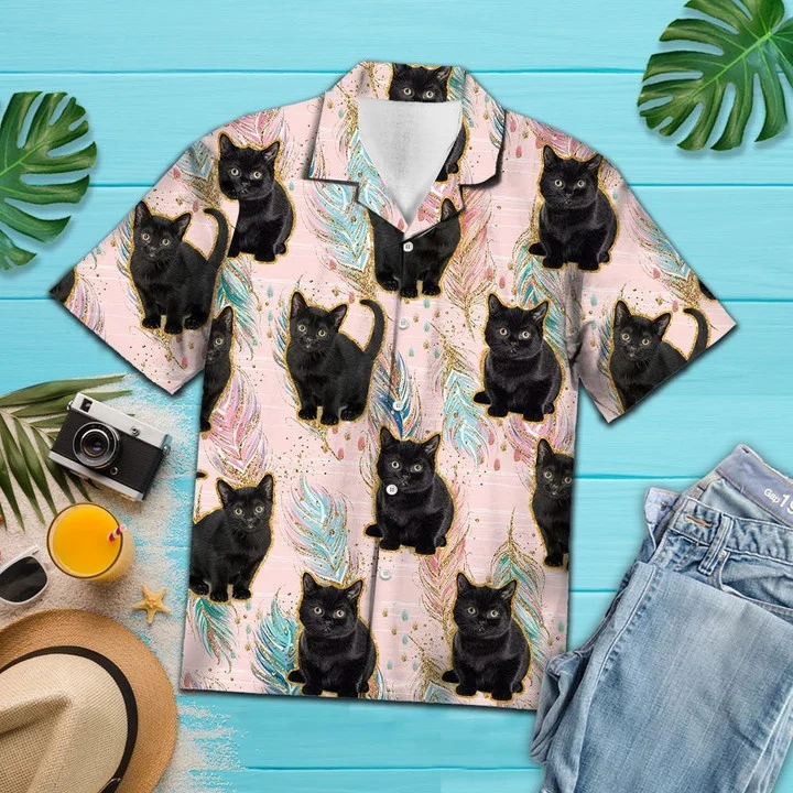 Cute Baby Black Cat Boho Feather Pattern Hawaiian Shirt