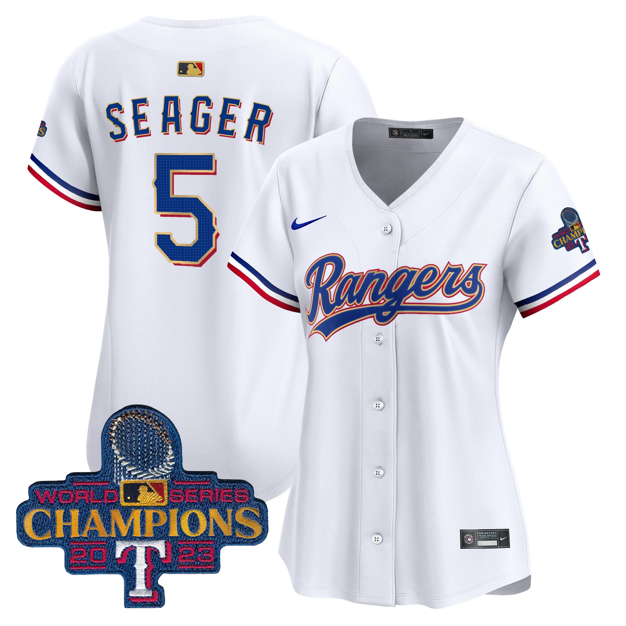 Women’S Texas Rangers 2023 World Series Champions Gold Trim Vapor Premier Limited Jersey – All Stitched