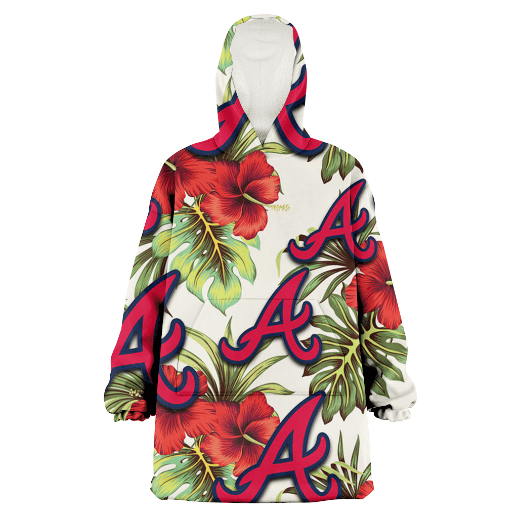 Atlanta Braves Red Hibiscus Green Tropical Leaf Cream Background 3D Printed Hoodie Blanket Snug Hoodie