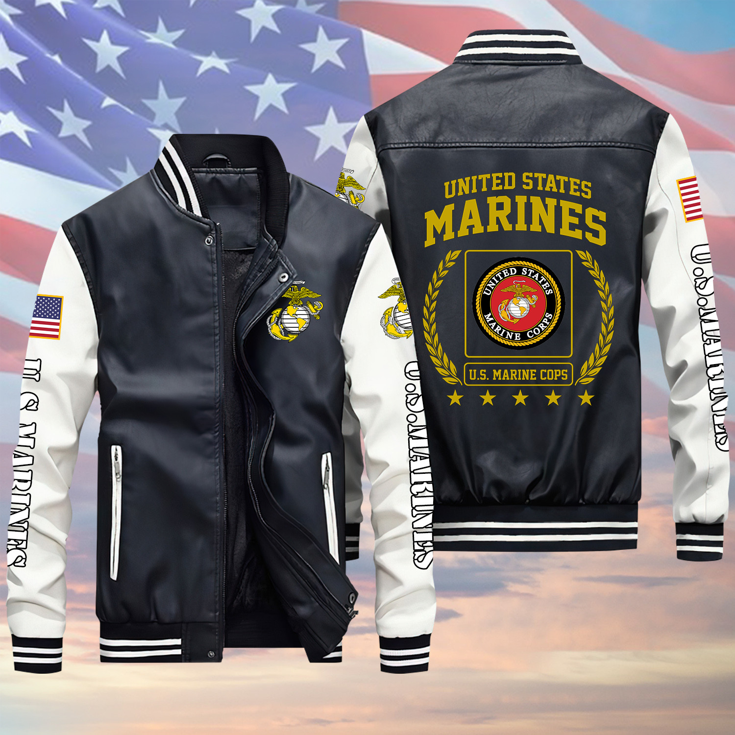 U.S Marine Veteran Proud Black Winter Gear Leather Bomber Leterman Varsity Jacket