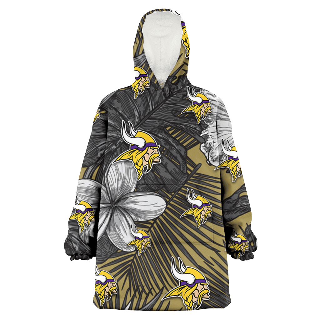 Minnesota Vikings Gray Sketch Hibiscus Yellow Palm Leaf Black Background 3D Printed Hoodie Blanket Snug Hoodie