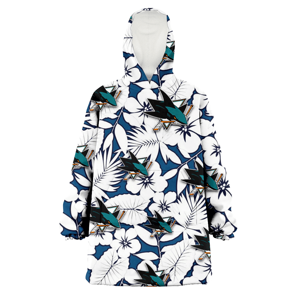 San Jose Sharks White Hibiscus And Leaves Blue Background 3D Printed Hoodie Blanket Snug Hoodie