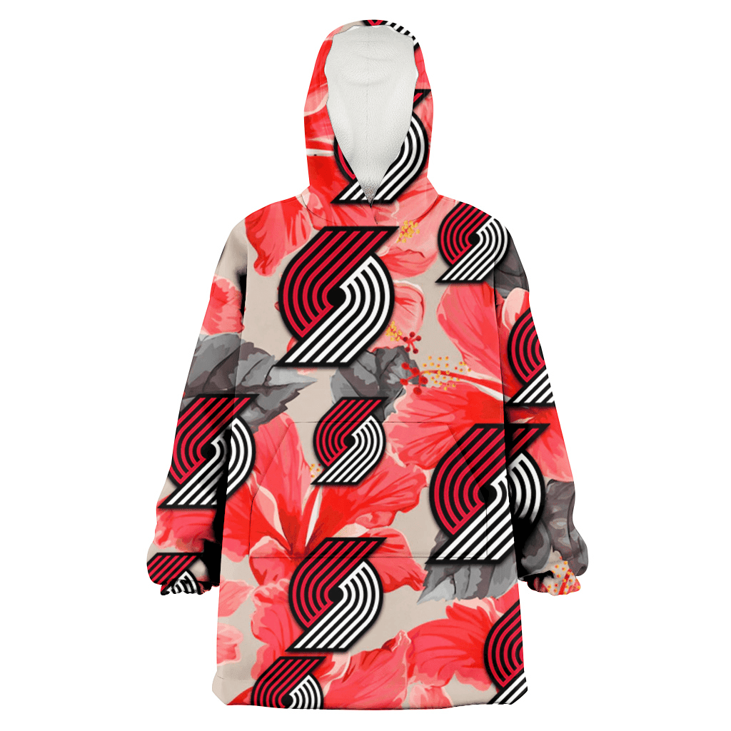 Portland Trail Blazers Red Hibiscus Gray Leaf Beige Background 3D Printed Hoodie Blanket Snug Hoodie