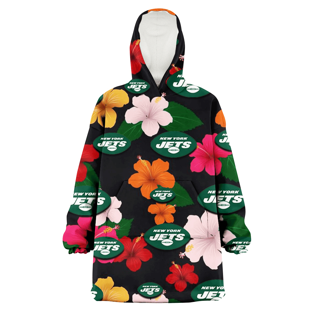 New York Jets Pink Orange Yellow White Hibiscus Black Background 3D Printed Hoodie Blanket Snug Hoodie