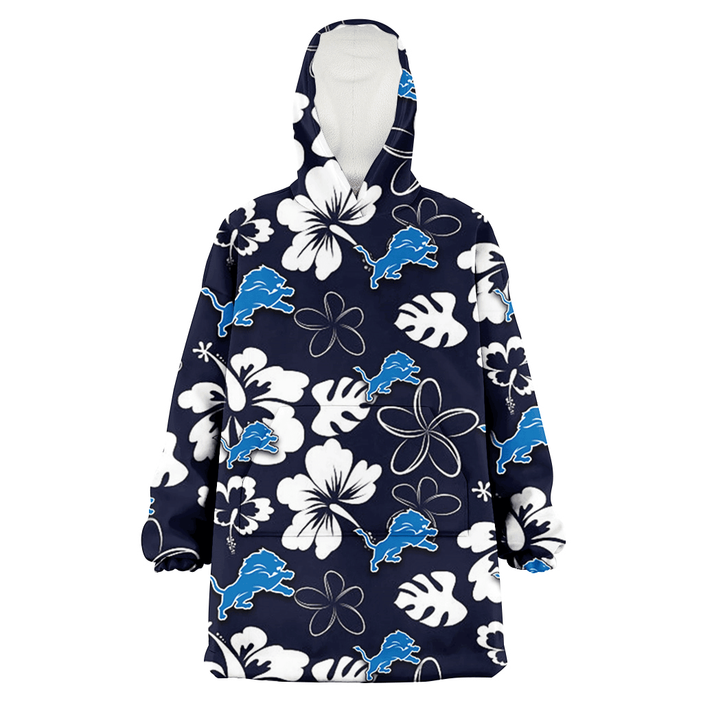 Detroit Lions White Hibiscus Sketch Porcelain Flower Navy Background 3D Printed Hoodie Blanket Snug Hoodie