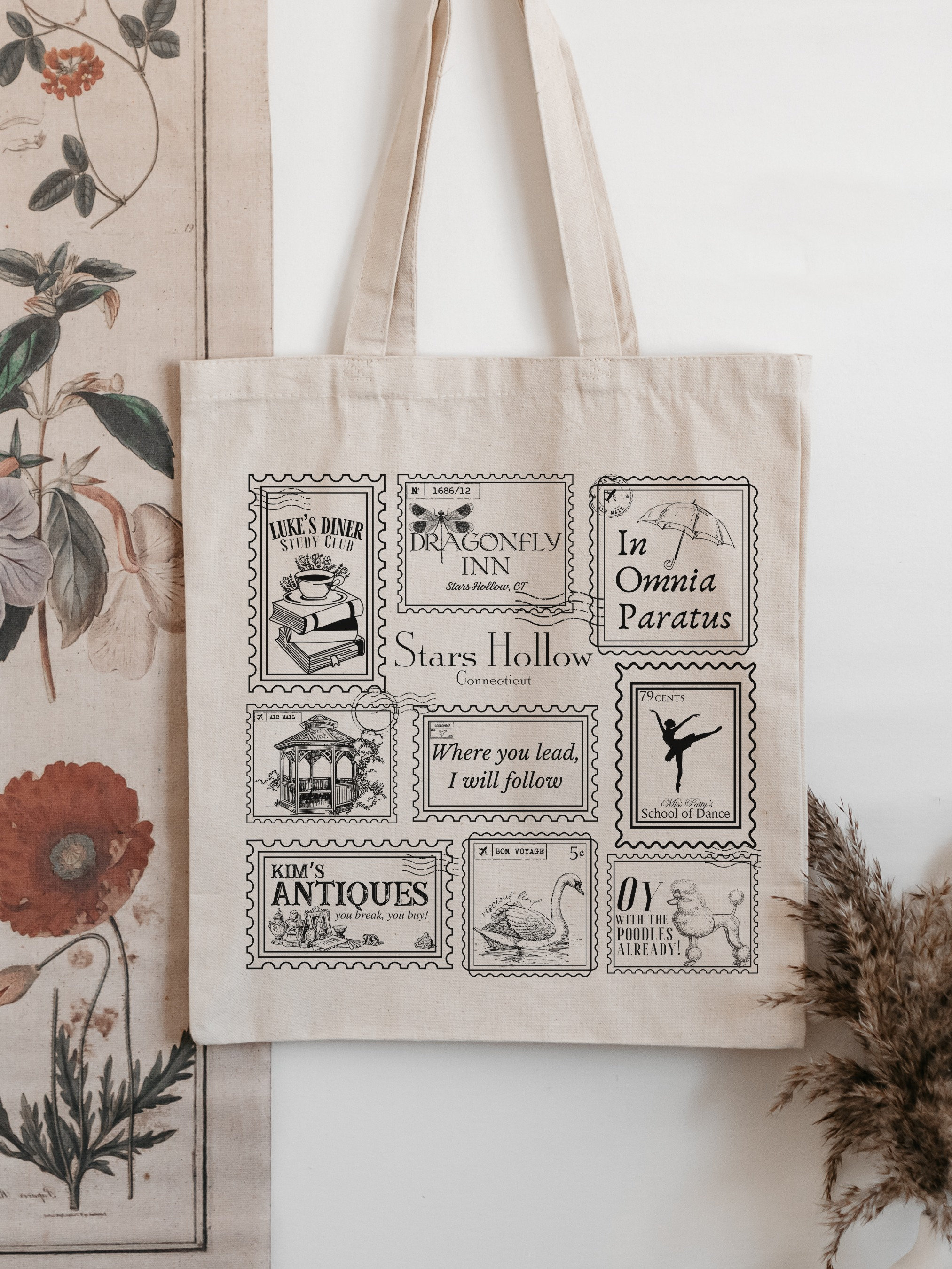 Stars Hollow Stamp Collection Canvas Tote Bag * Luke’s Diner Dragonfly Inn In Omnia Paratus Postcard Book Lover Fandom Merch Bookish Gift