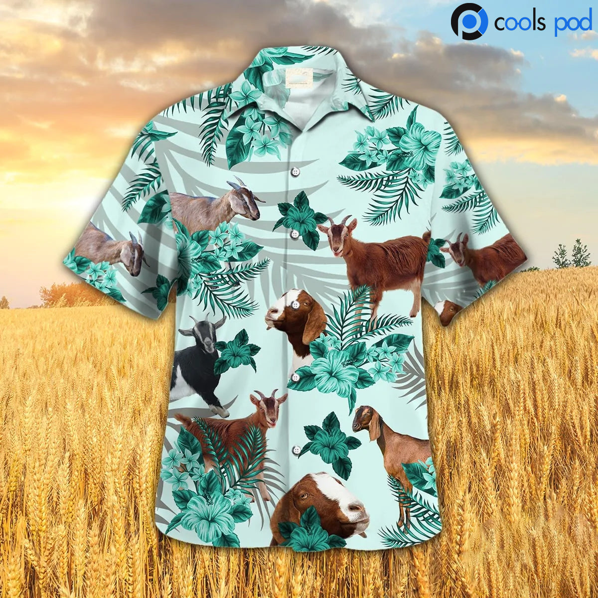 Goat Hibiscus Green Pattern Hawaiian Shirt, Cool Goat Hawaiian Shirt, Farm Hawaiian Shirt