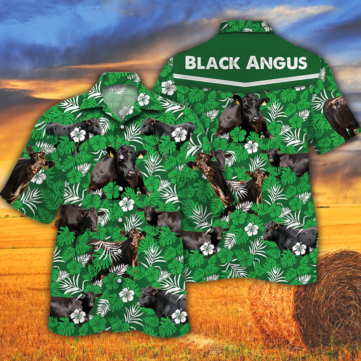 Cow Lover Hawaiian Shirts For Men Women – Black Angus Cattle Lovers Green Floral Pattern Hawaiian Shirt