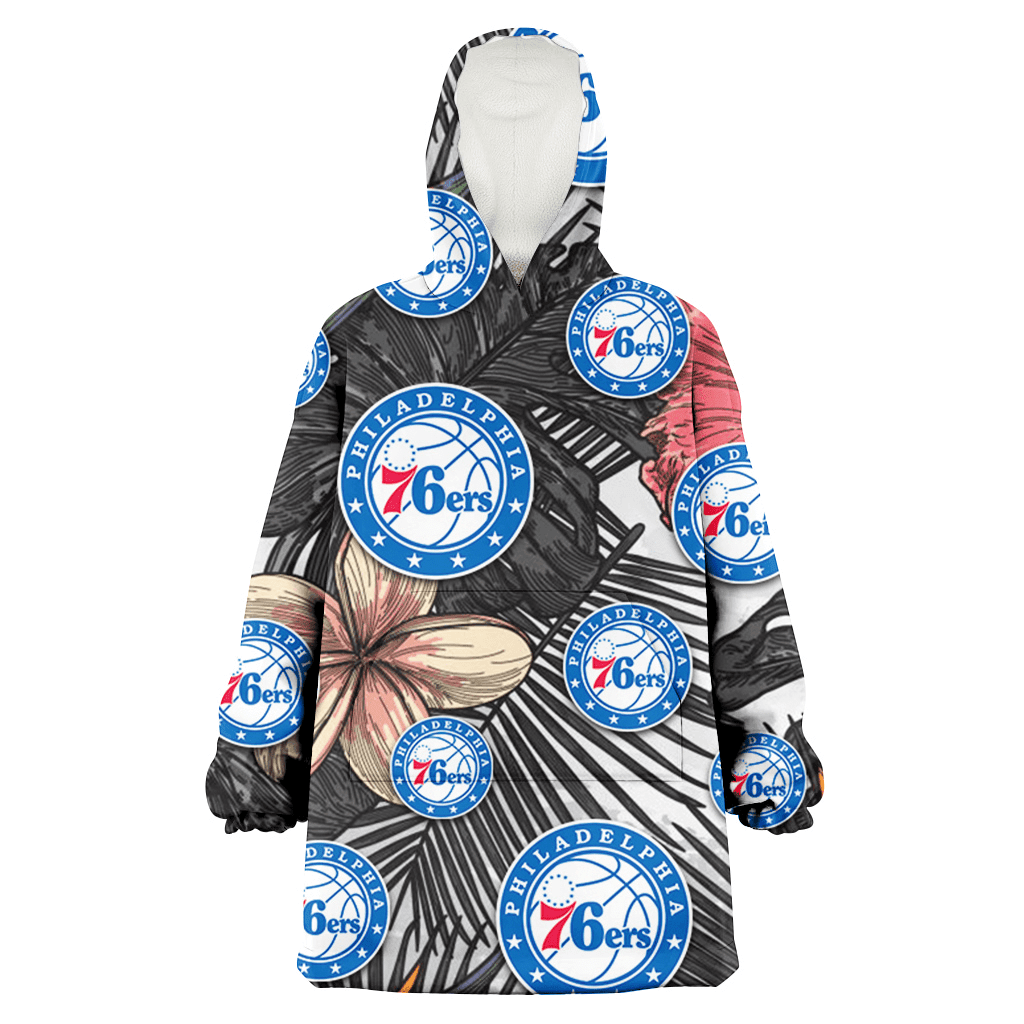 Philadelphia 76ers Pink Sketch Hibiscus Gray Palm Leaf White Background 3D Printed Hoodie Blanket Snug Hoodie