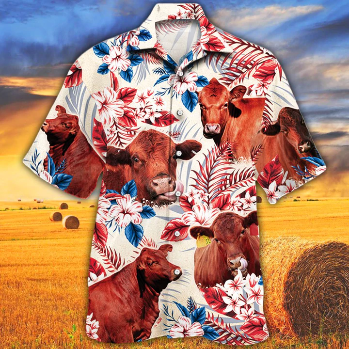 Red Angus Cattle Lovers American Flag Hawaiian Shirt, Cow Aloha Hawaiian Shirt