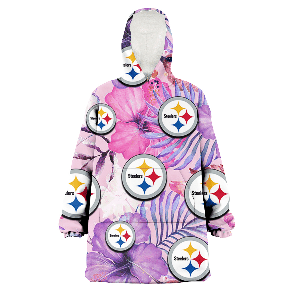 Pittsburgh Steelers White Purple Hibiscus Pink Hummingbird Pink Background 3D Printed Hoodie Blanket Snug Hoodie