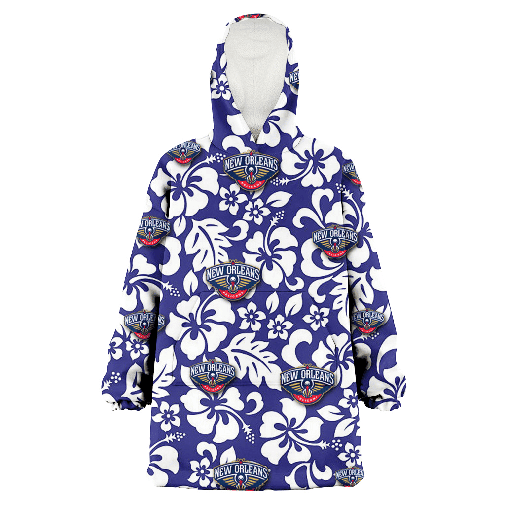 New Orlean Pelicans White Hibiscus Pattern Slate Blue Background 3D Printed Hoodie Blanket Snug Hoodie