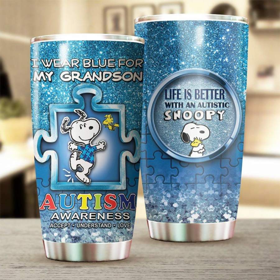 Autism Mug Snoopy I Wear Blue For My Grandson Mug Stainless Steel Tumbler 20 Oz Gift For Autism Awareness Stainless Steel Tumbler 20 Oz Shirttrend