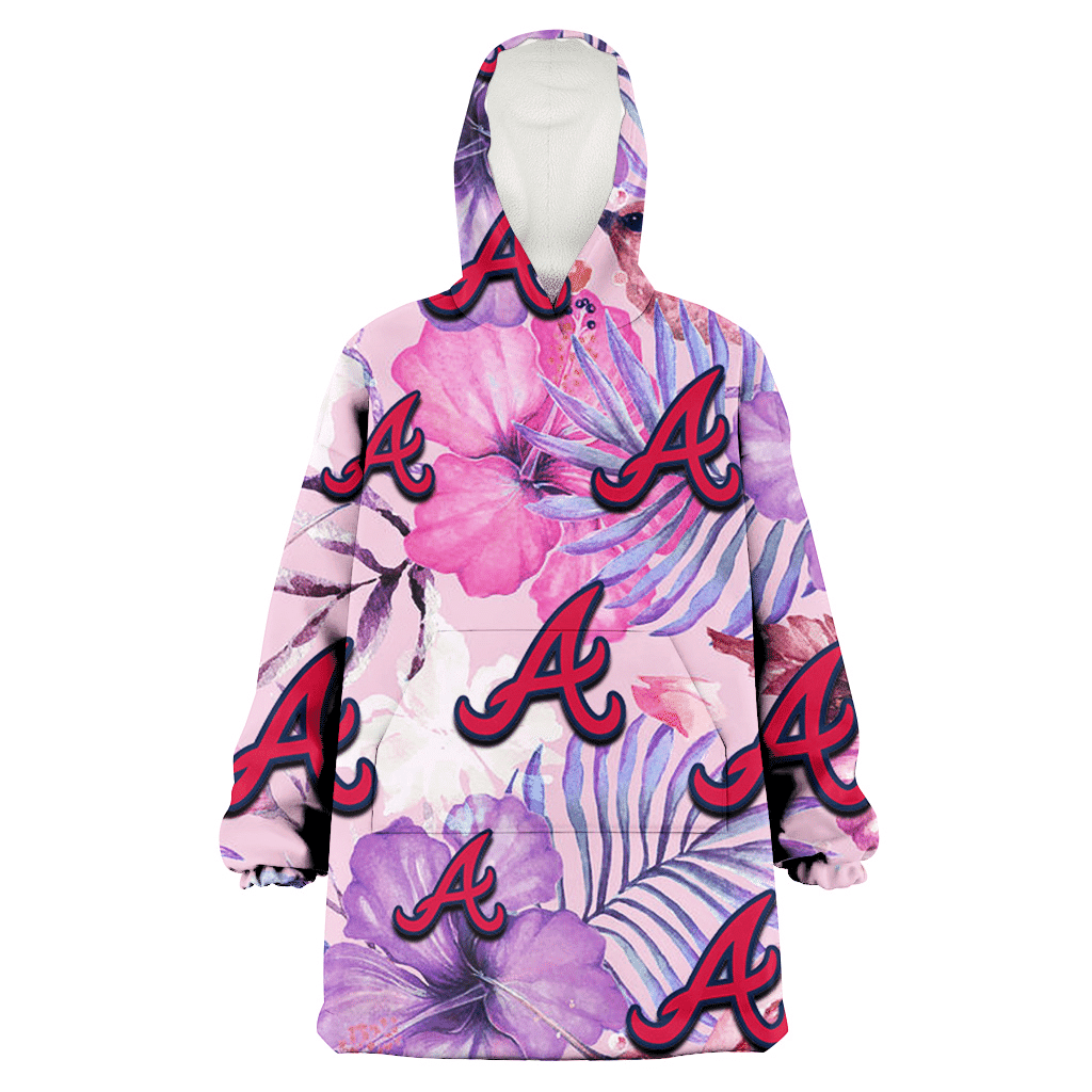 Atlanta Braves White Purple Hibiscus Pink Hummingbird Pink Background 3D Printed Hoodie Blanket Snug Hoodie