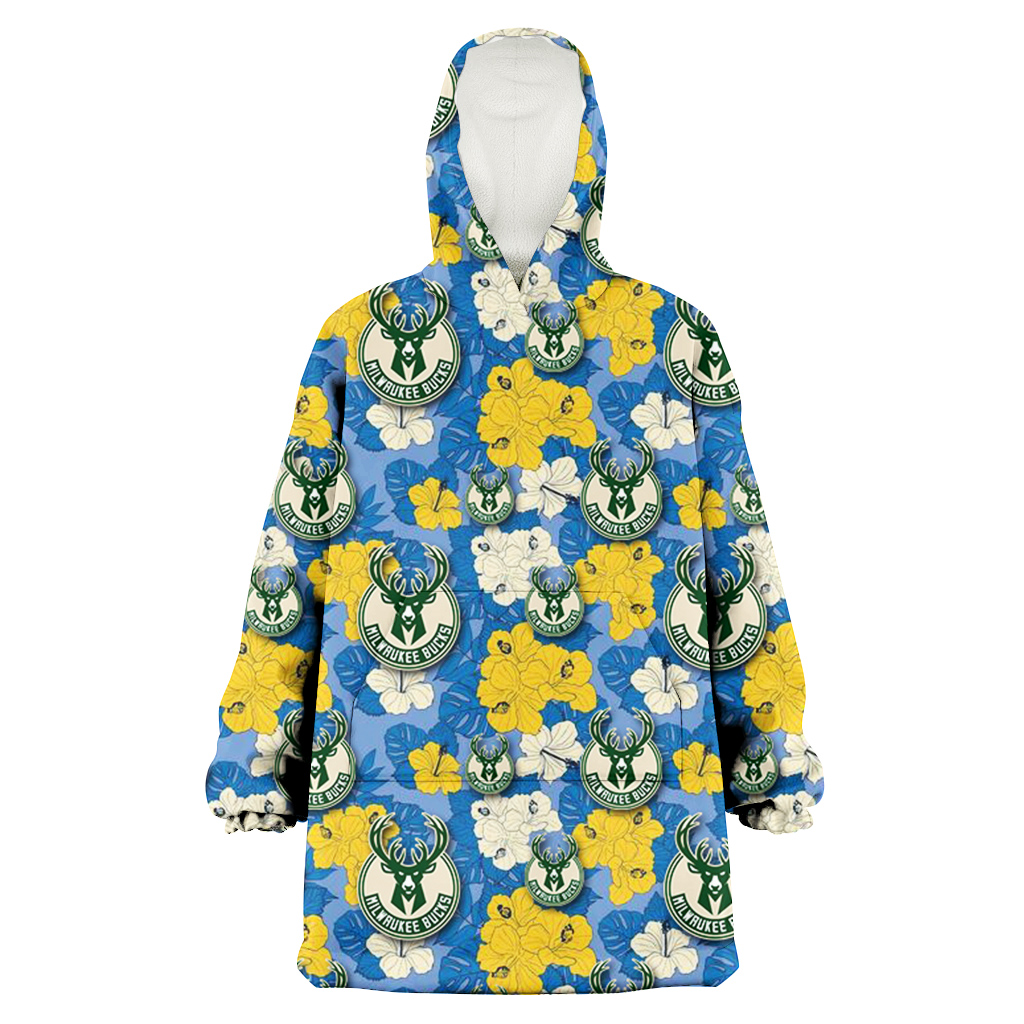 Milwaukee Bucks Yellow White Hibiscus Powder Blue Background 3D Printed Hoodie Blanket Snug Hoodie