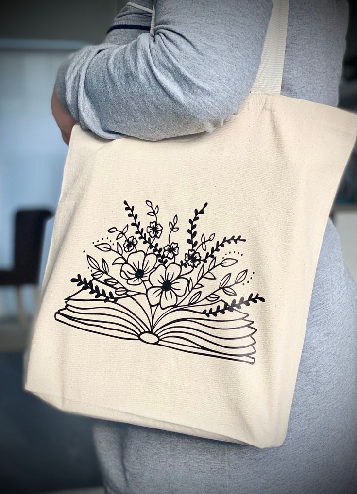 Book And Flower Tote Bag, Book Lover Gift, Best Tote Bags Ideas, Cute Tote Bags Ideas, Tote Bag Design Ideas, Girls Tote Bag, Best Canvas Tote Bags Ideas