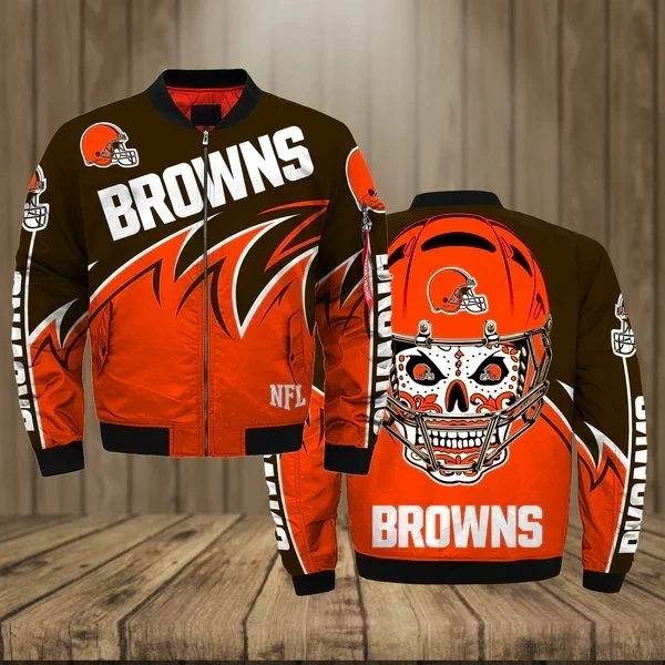 Cleveland Browns Team Logo Pattern Bomber Jacket Brown And Orange