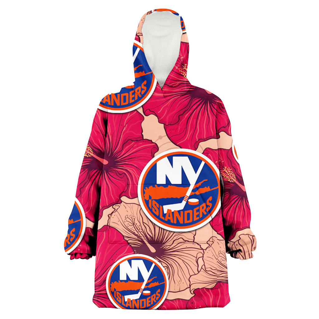 New York Islanders Red Beige Hibiscus Beige Background 3D Printed Hoodie Blanket Snug Hoodie