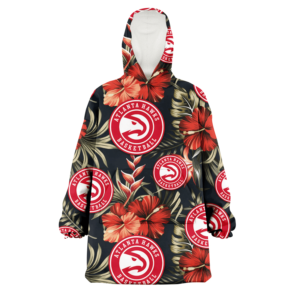 Atlanta Hawks Red Hibiscus Green Leaf Dark Background 3D Printed Hoodie Blanket Snug Hoodie