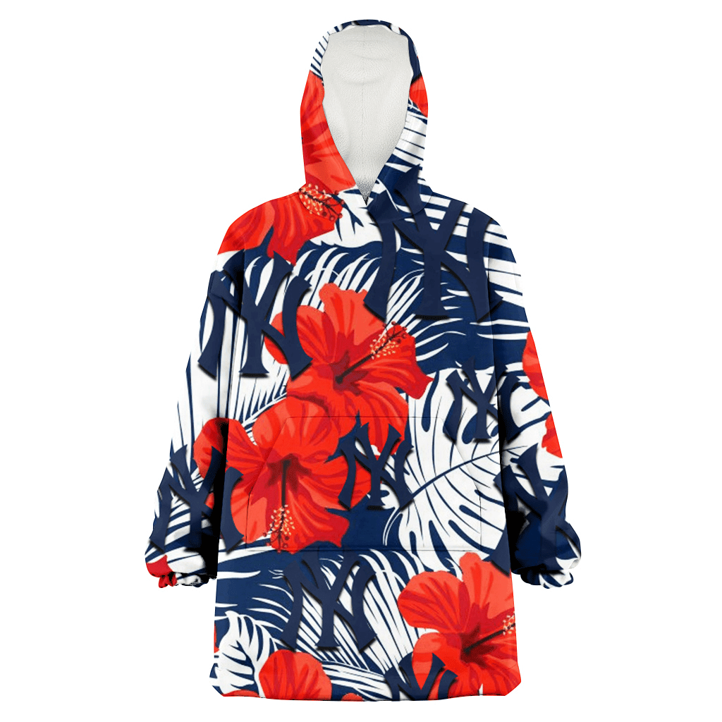 New York Yankees White Tropical Leaf Red Hibiscus Navy Background 3D Printed Hoodie Blanket Snug Hoodie