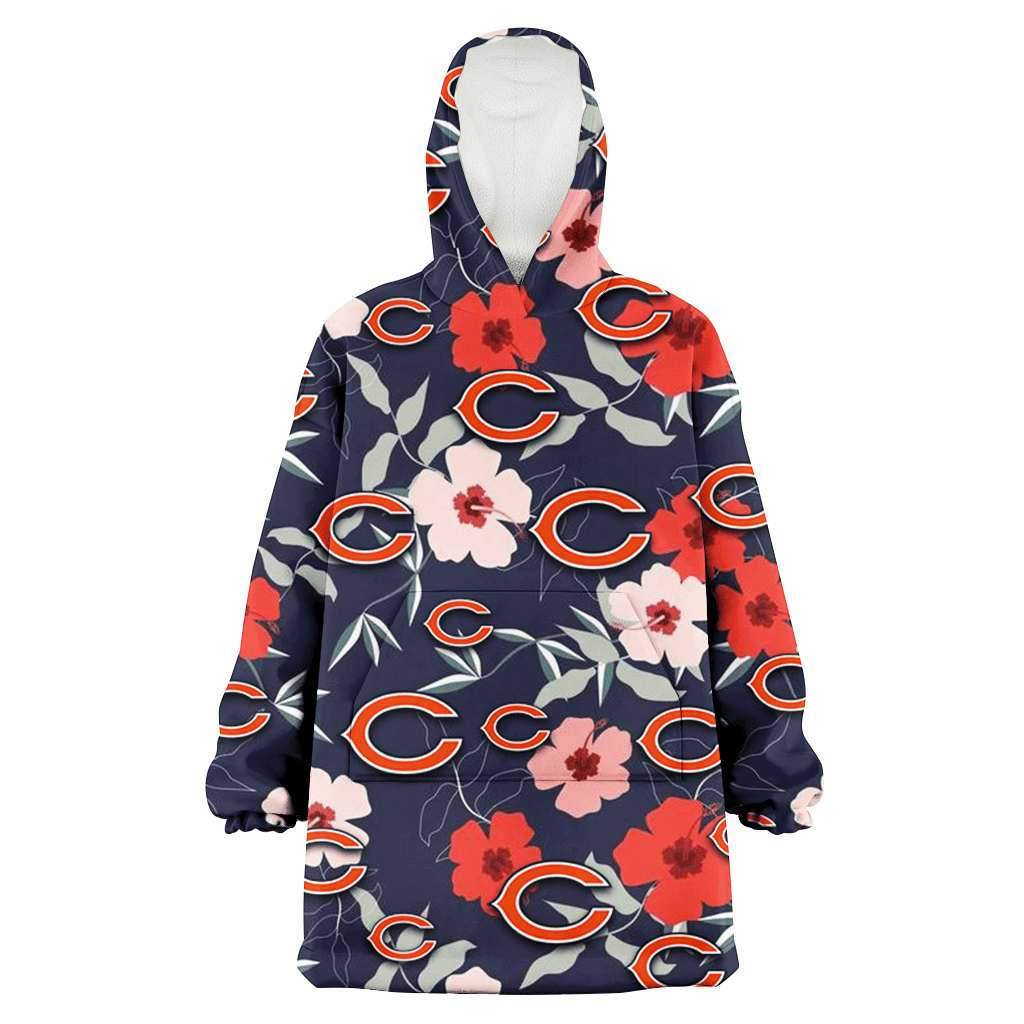 Chicago Bears Red Pink White Hibiscus Black Background 3D Printed Hoodie Blanket Snug Hoodie