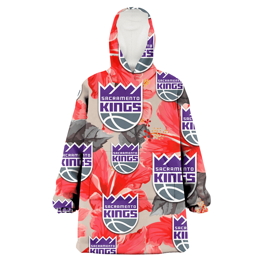 Sacramento Kings Red Hibiscus Gray Leaf Beige Background 3D Printed Hoodie Blanket Snug Hoodie