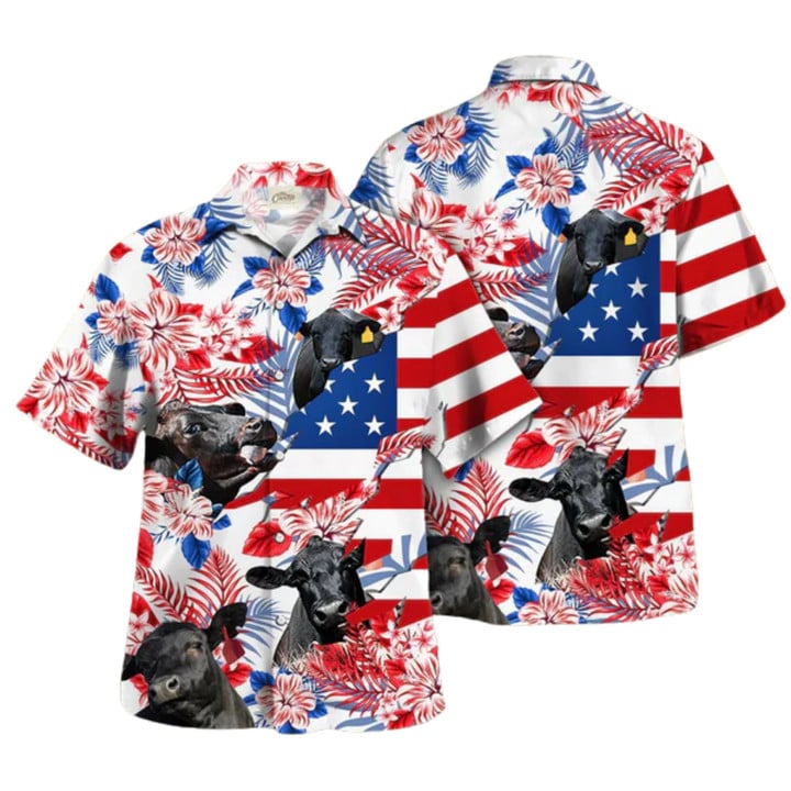 Black Angus Hawaiian Shirts, Black Angus In American Flag Pattern Tropical Flower Hawaiian Shirt, Haiwaiian Shirt Hot