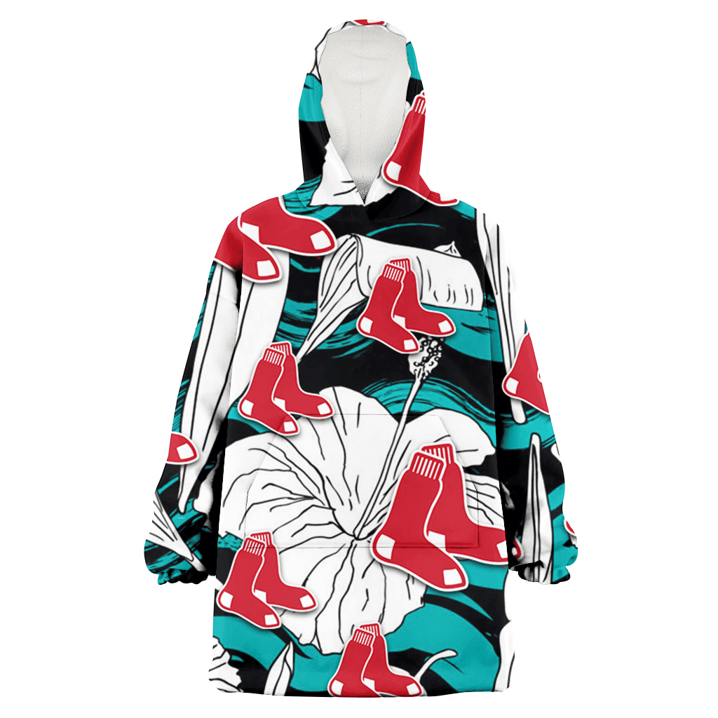 Boston Red Sox White Hibiscus Turquoise Wave Black Background 3D Printed Hoodie Blanket Snug Hoodie