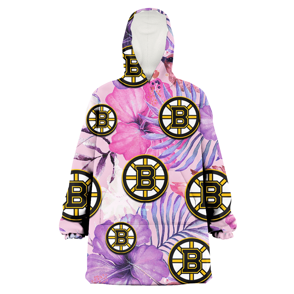 Boston Bruins White Purple Hibiscus Pink Hummingbird Pink Background 3D Printed Hoodie Blanket Snug Hoodie