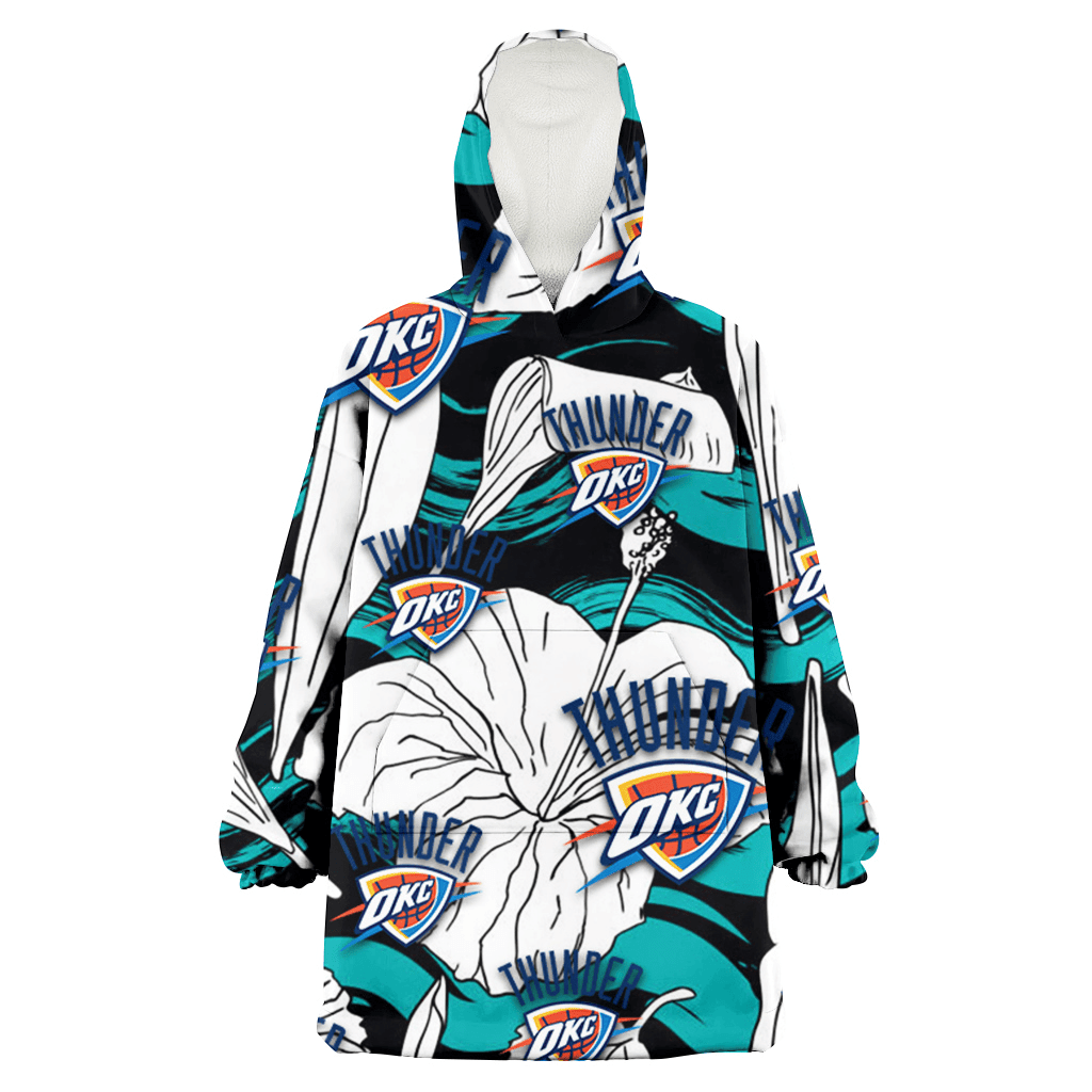 Oklahoma City Thunder White Hibiscus Turquoise Wave Black Background 3D Printed Hoodie Blanket Snug Hoodie