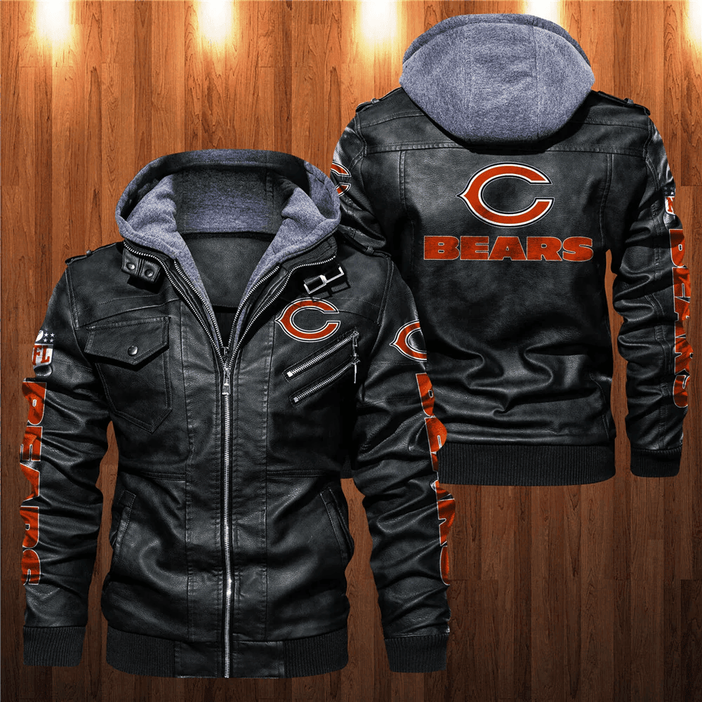 Chicago Bears Zip Leather Jacket With Hood