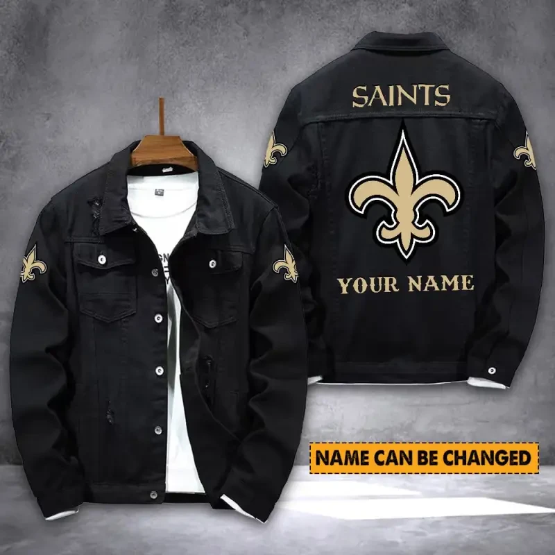 New Orleans Saints NFL Team Name Personalized Back Sleeve Logo Black Huge Pattern Denim Jacket