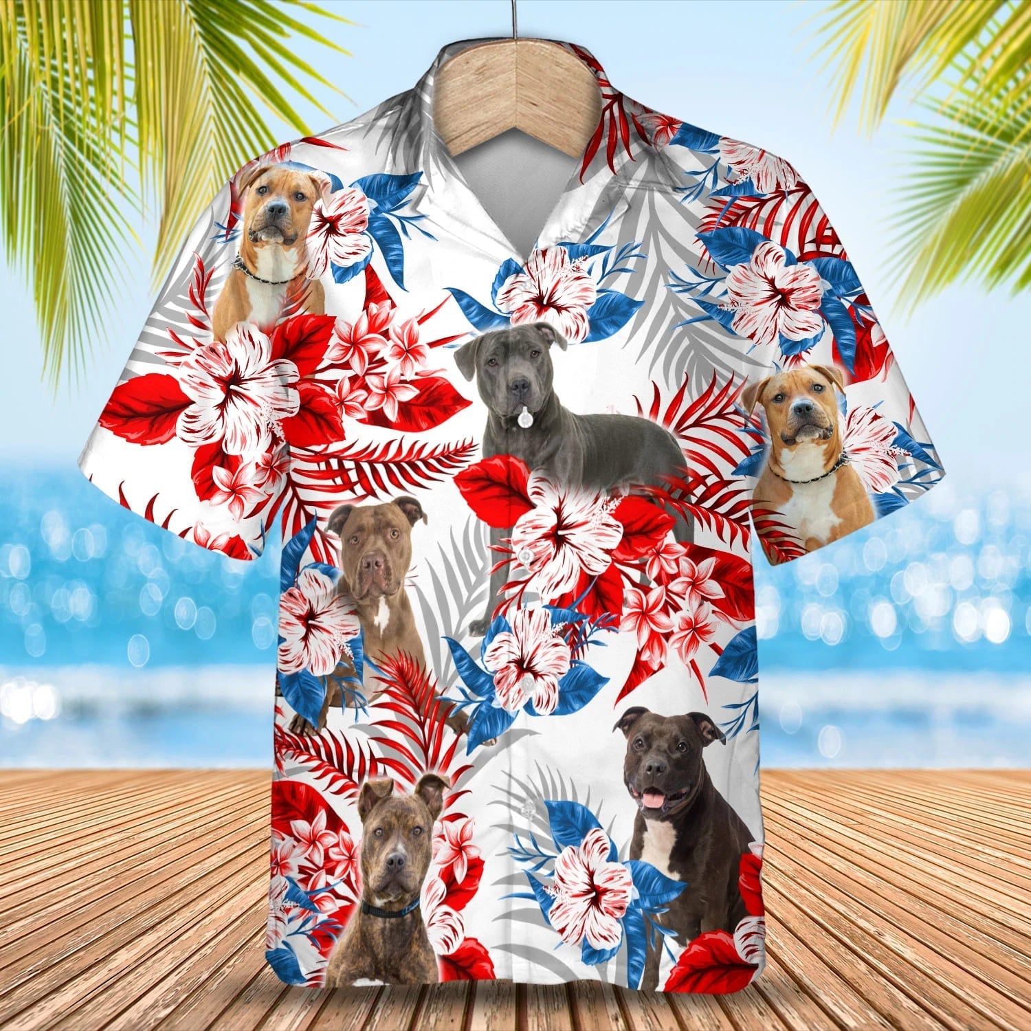 Pitbull Flower American Flag Hawaiian Shirt, Summer Aloha Shirt, Men Hawaiian Shirt, Gift For Summer