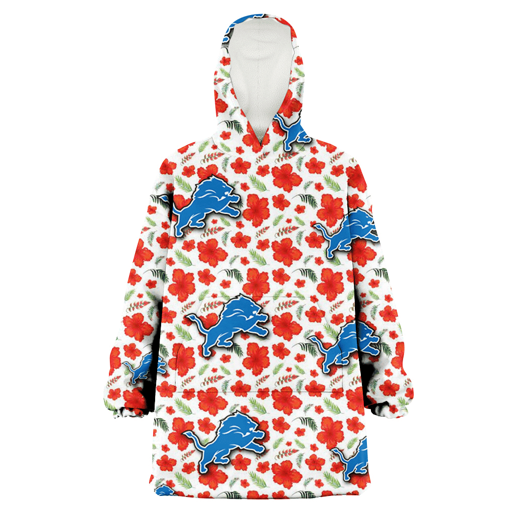 Detroit Lions Tiny Red Hibiscus Green Leaf White Cube Background 3D Printed Hoodie Blanket Snug Hoodie