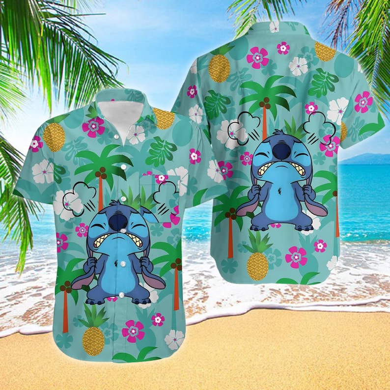 Adorable Blue Dog 3D All Over Printed Hawaiian Shirt, Funny Aloha Shirt, Summer Vacation Shirt, Blue Alien Palm Tree Shirt, Hawaii Shirt