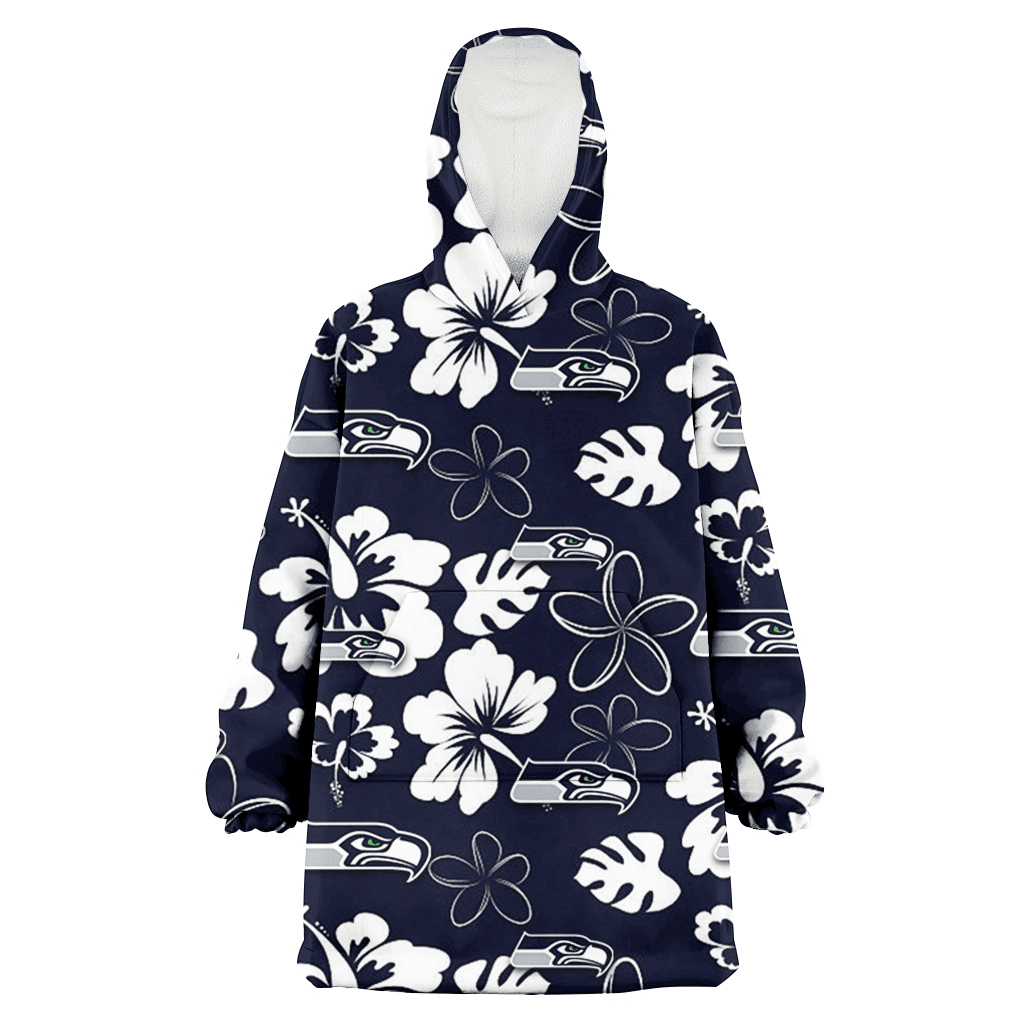 Seattle Seahawks White Hibiscus Sketch Porcelain Flower Navy Background 3D Printed Hoodie Blanket Snug Hoodie