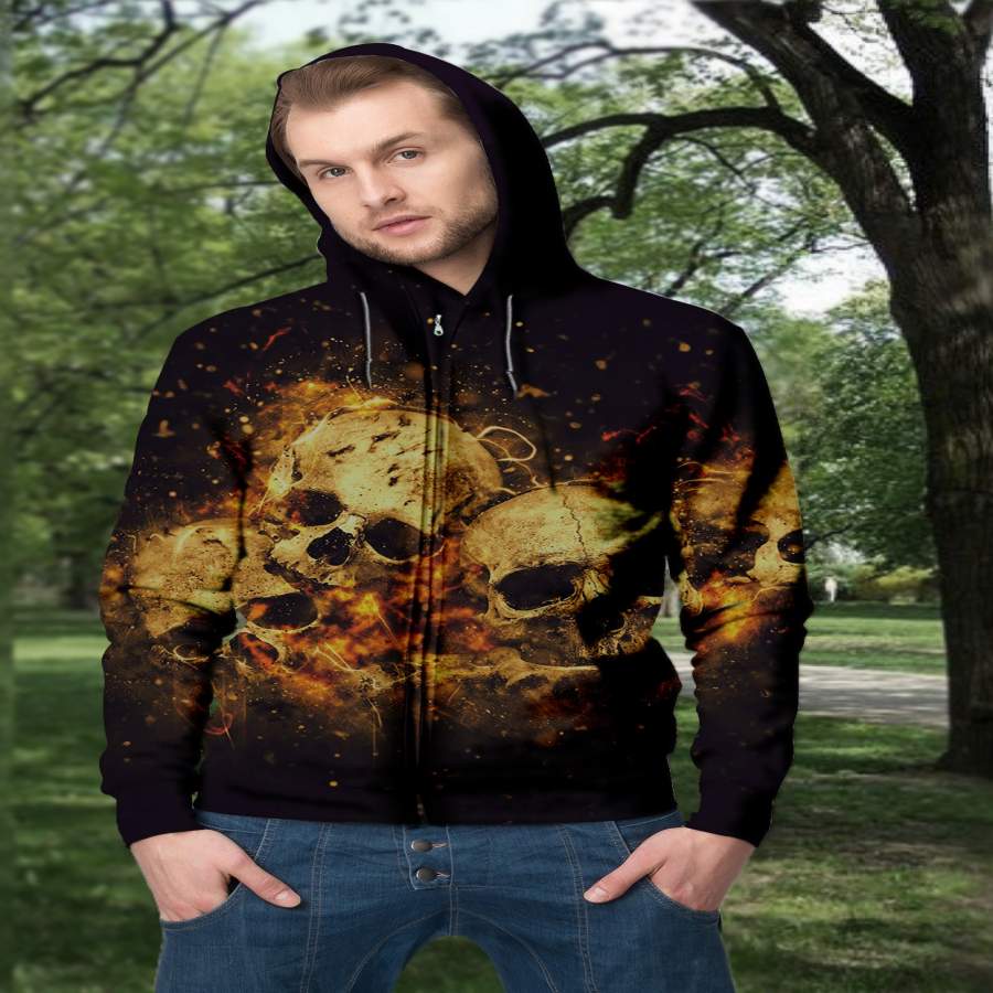 Skull On  Fire Unisex 3D Zip up Hood &hellip;