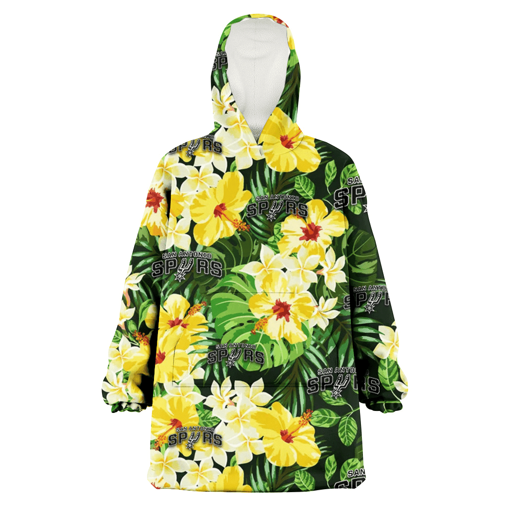 San Antonio Spurs Yellow Hibiscus Tropical Green Leaf Black Background 3D Printed Hoodie Blanket Snug Hoodie