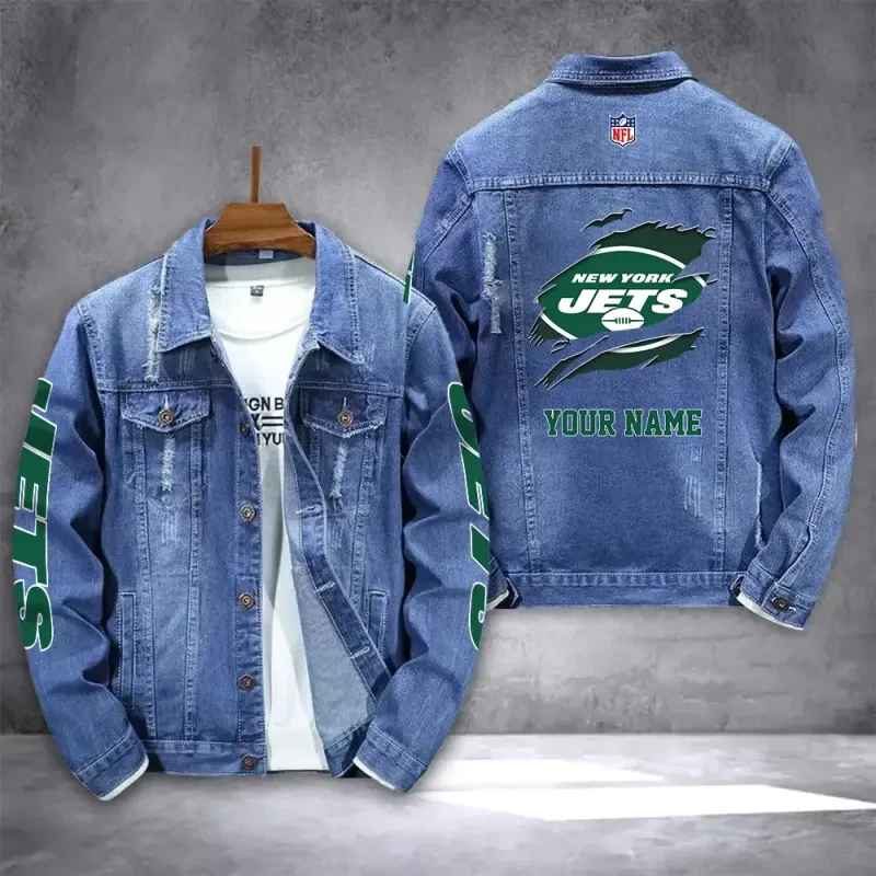 New York Jets NFL Team Name Personalized Sleeve Back Logo Slick Pattern Blue Denim Jacket