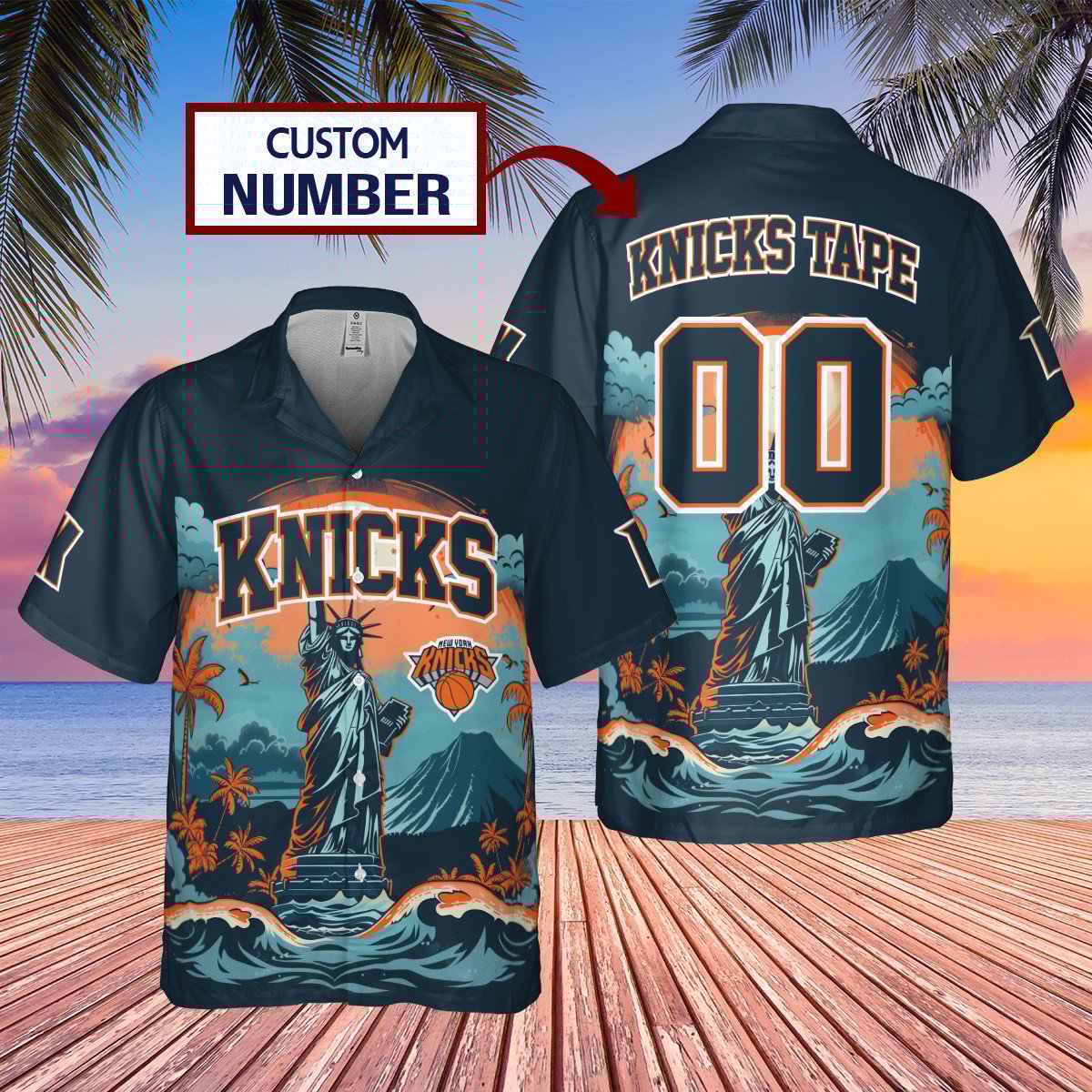 Custom Number New York Knicks Nba Statue Of Liberty Knicks Tape Tropical Pattern Hawaiian Shirt