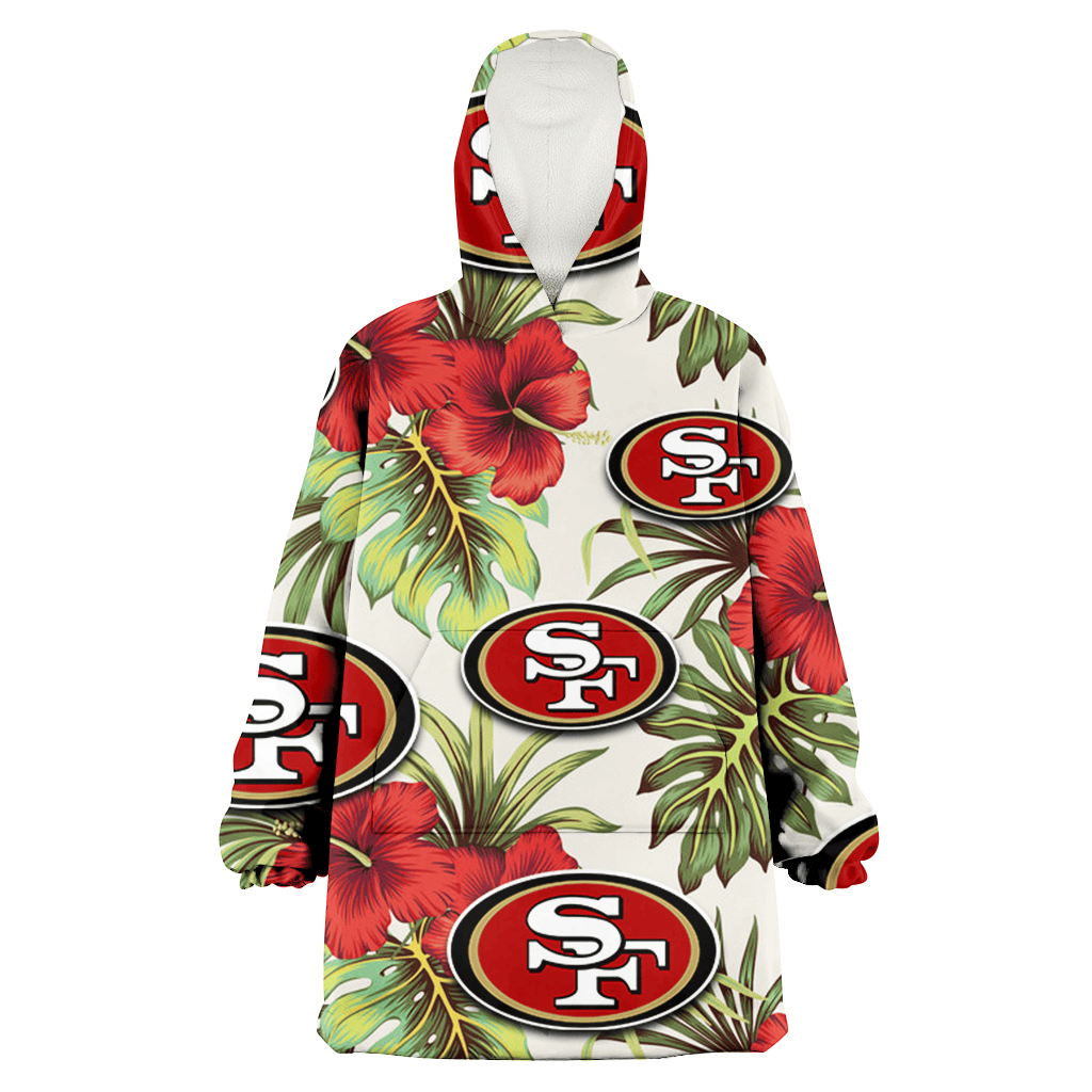 San Francisco 49ers Red Hibiscus Green Tropical Leaf Cream Background 3D Printed Hoodie Blanket Snug Hoodie