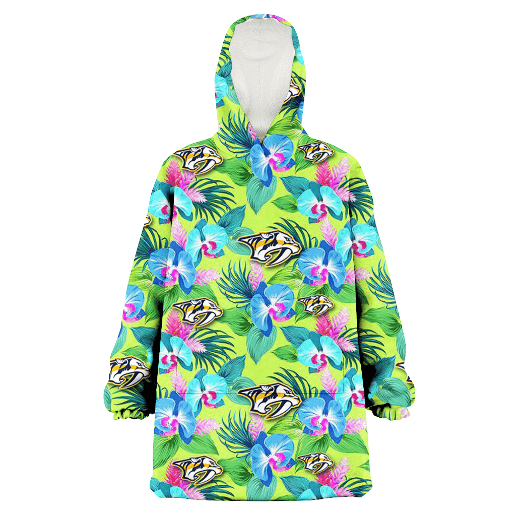 Nashville Predators Blue Orchid Green Pink Leaf Green Background 3D Printed Hoodie Blanket Snug Hoodie