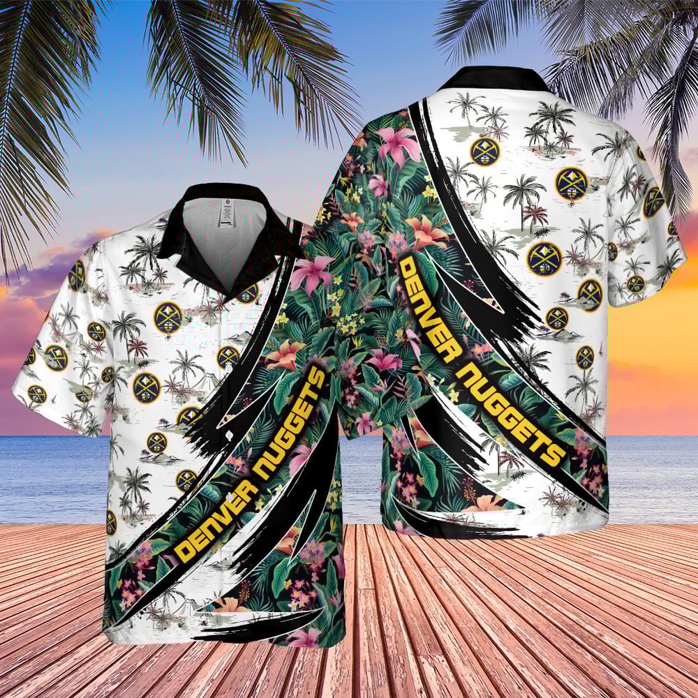 Denver Nuggets Hibiscus Flower And Tree Pattern Print Hawaiian Shirt