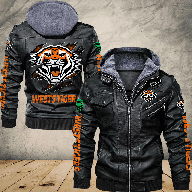 Wests Tigers Zip Leather Jacket With Hood