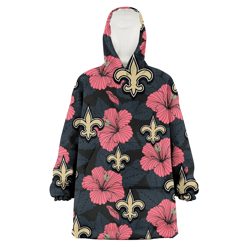 New Orleans Saints Light Coral Hibiscus Gray Leaf Black Background 3D Printed Hoodie Blanket Snug Hoodie